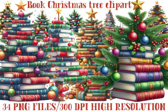 Book Christmas Tree Clipart Set: Festive Illustrations