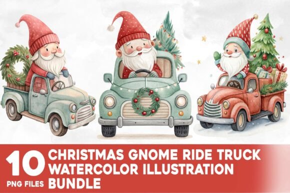 Christmas Gnome Ride Truck Watercolor Illustrations