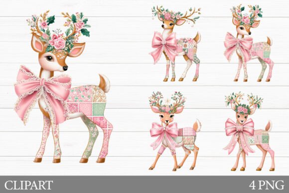 Patchwork Christmas Deer Clipart: Festive Illustrations