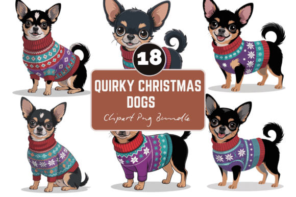 Quirky Christmas Dogs Clipart PNG Bundle: Festive Illustrations for Branding