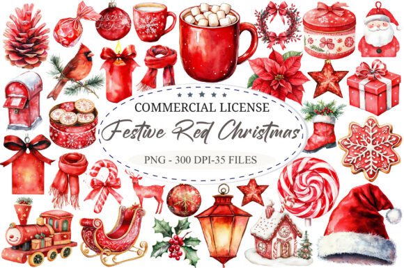Red Christmas Watercolor Clipart: Illustrations for Sellers