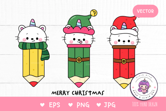 Unicorn Cat Christmas Pencil Elf Santa Illustrations
