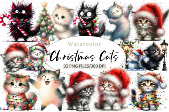 Whimsical Christmas Cats Clipart Set: Illustrations for Branding